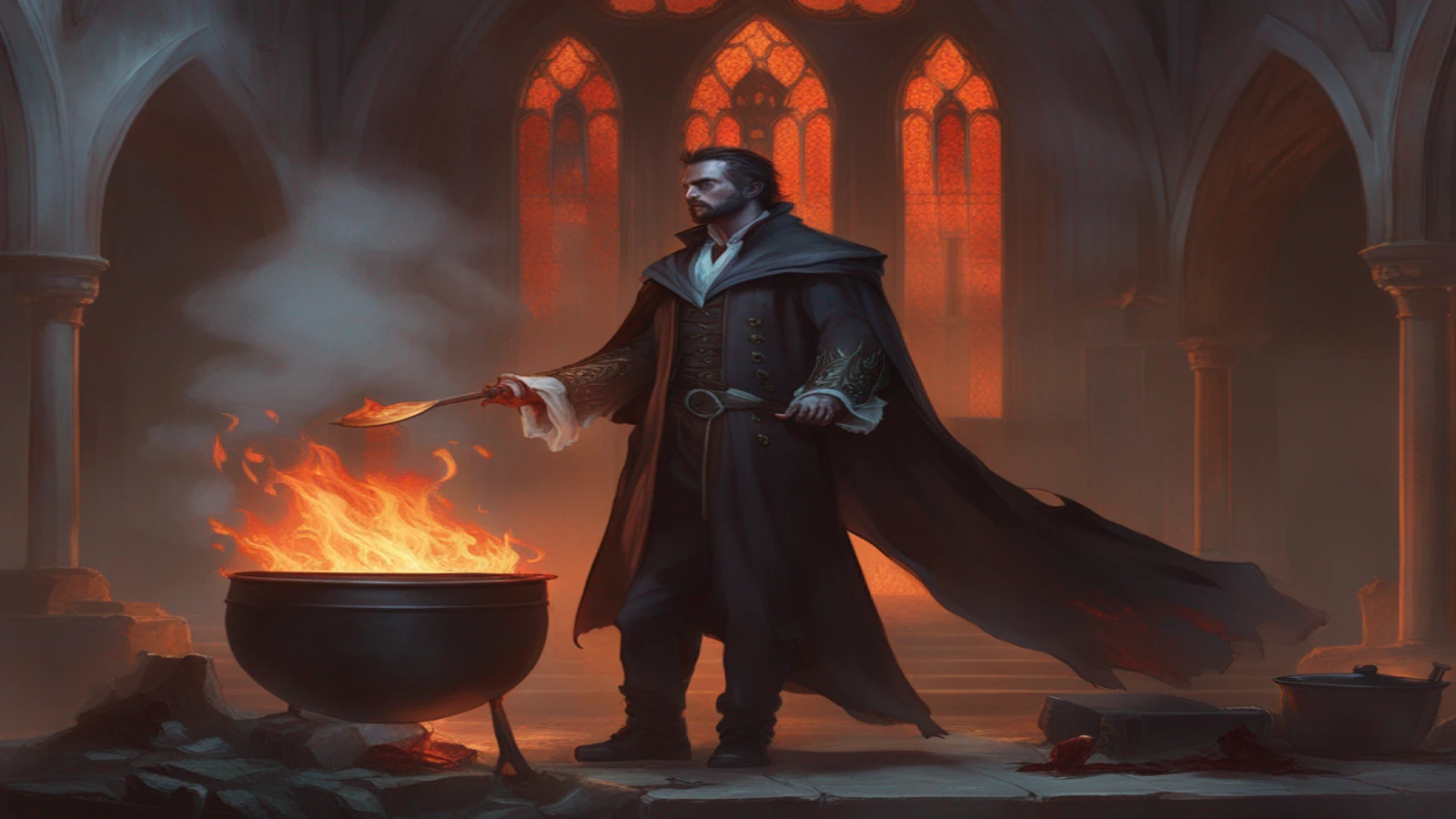 a_middleaged_male_vampire_conjuring_up_a_demon_holding_a_pan_of_hot_fires_at_a_disused_ruined_church_by_the_coast_in_England_
