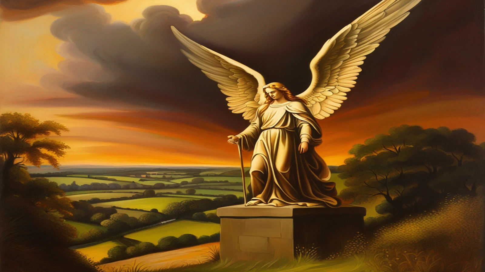 a_towering_archangel_over_an_idyllic_rural_scene_in_England_