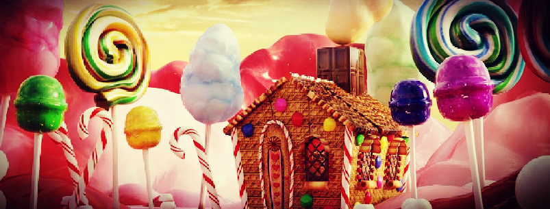 Magical Candy Land scene with a ginger bread house, 3d render.