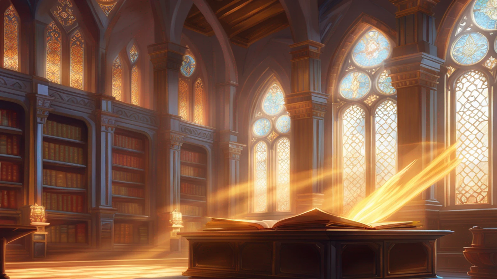 a_scroll_in_a_library__bright_sunlight_shining_through_window_