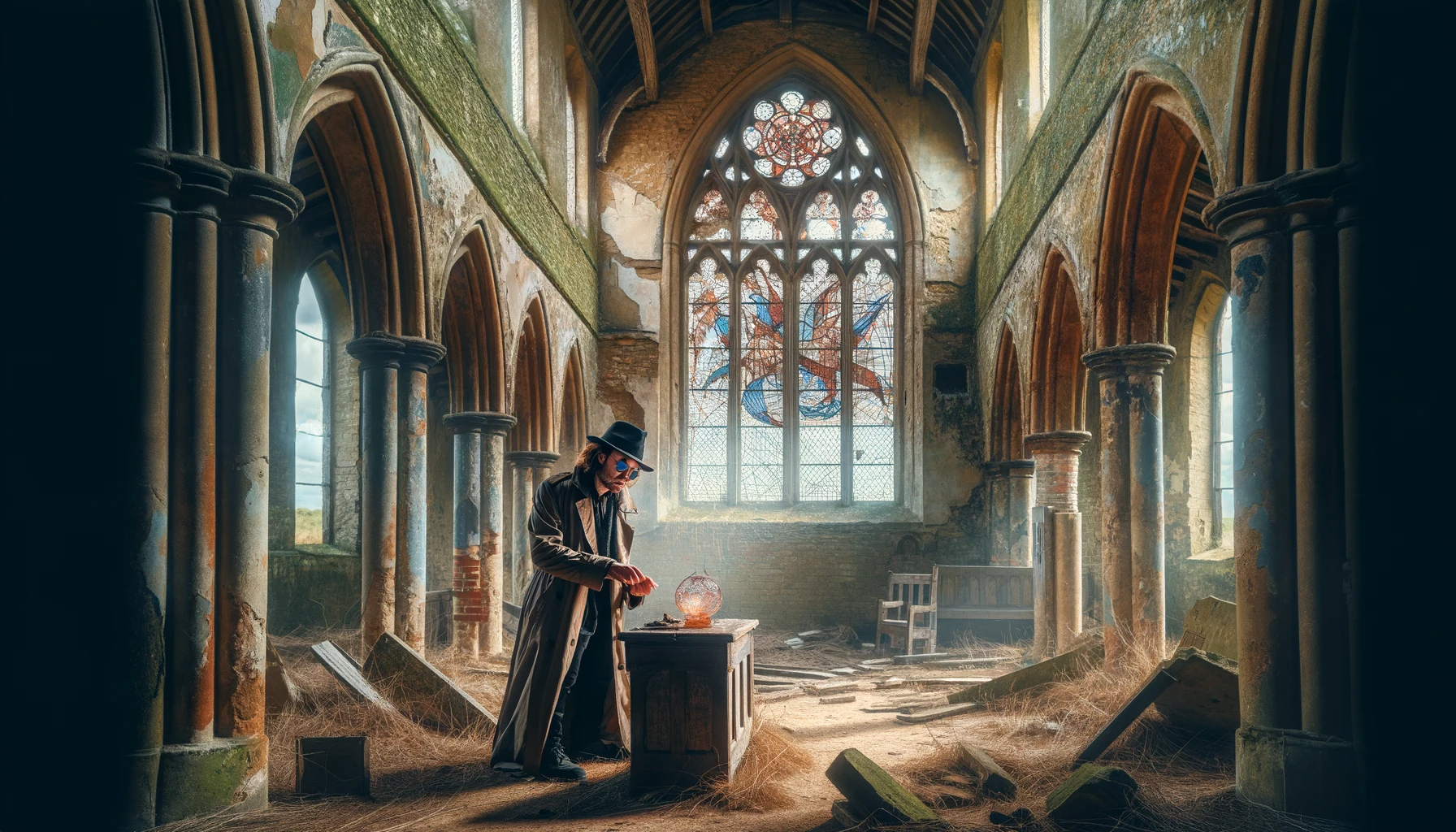 DALL·E 2024-05-09 14.01.49 - The interior of a ruined medieval church on the coast of Suffolk, England, showing crumbling walls and remnants of stained glass windows, evoking a my