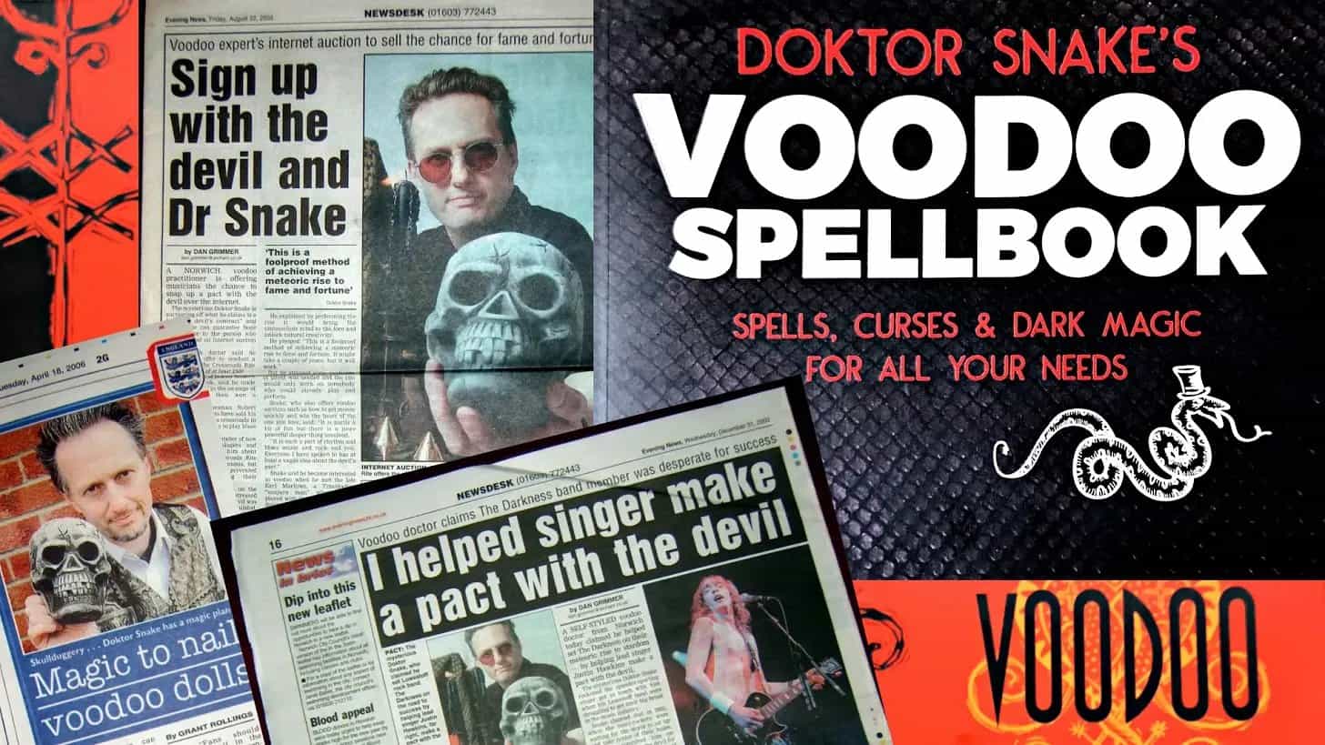 Doktor Snake home page header showing national newspaper clippings and covers of his bestselling books, including Voodoo Spellbook. Highlights media coverage and occult notoriety.